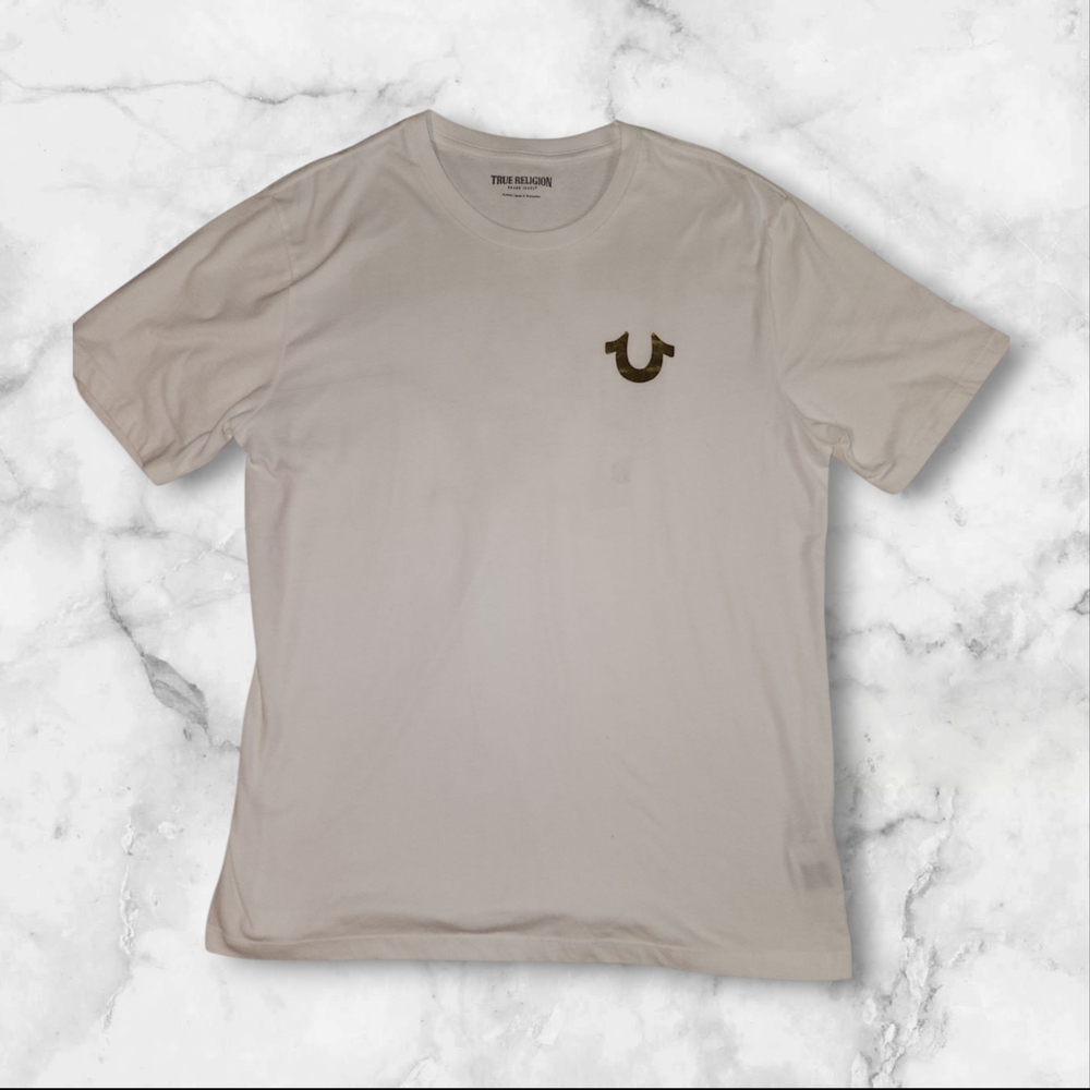 True Religion White Tee | Gold “U” Chest Print & Buddha Guitar Back Graphic